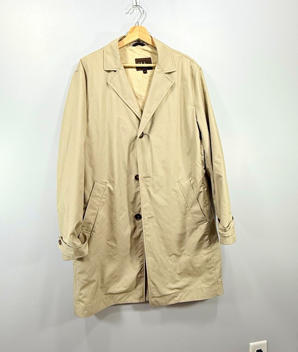 Cole Haan Men’s Beige Long Trench Coat Button Front Lined Pockets Size M